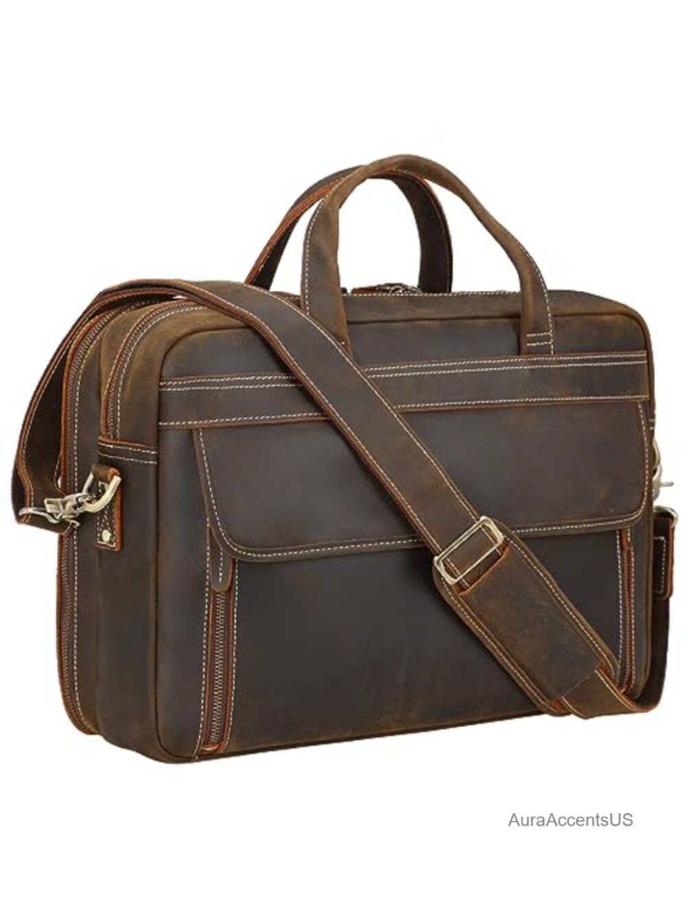 Full Grain Cowhide Leather Briefcase Messenger Bag for 17" Laptop